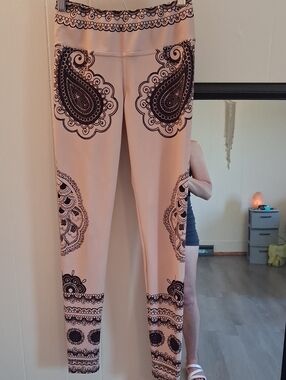 Nude & Brown Peacock Paisley Mandala Print Leggings Yoga Pants Athleisure
